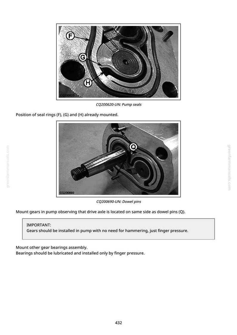 May include: Black and white technical diagrams of pump components, including seal rings and dowel pins. The diagrams show detailed views with labels (F, G, H, Q) and text instructions for assembly. The image is from a greenfarmmanuals.com manual.