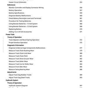 May include: A page from a manual with a list of technical terms and numbers. The text includes topics like "Battery Operation", "Power Train", and "Hydraulic System". The page is white with black text.