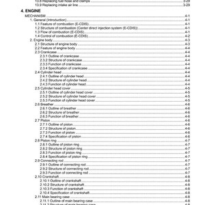 May include: A detailed table of contents from a technical manual, listing engine components and their functions. Sections include combustion, engine body, crankcase, cylinder head, and piston. The document is labeled V1505-CR-TE5.