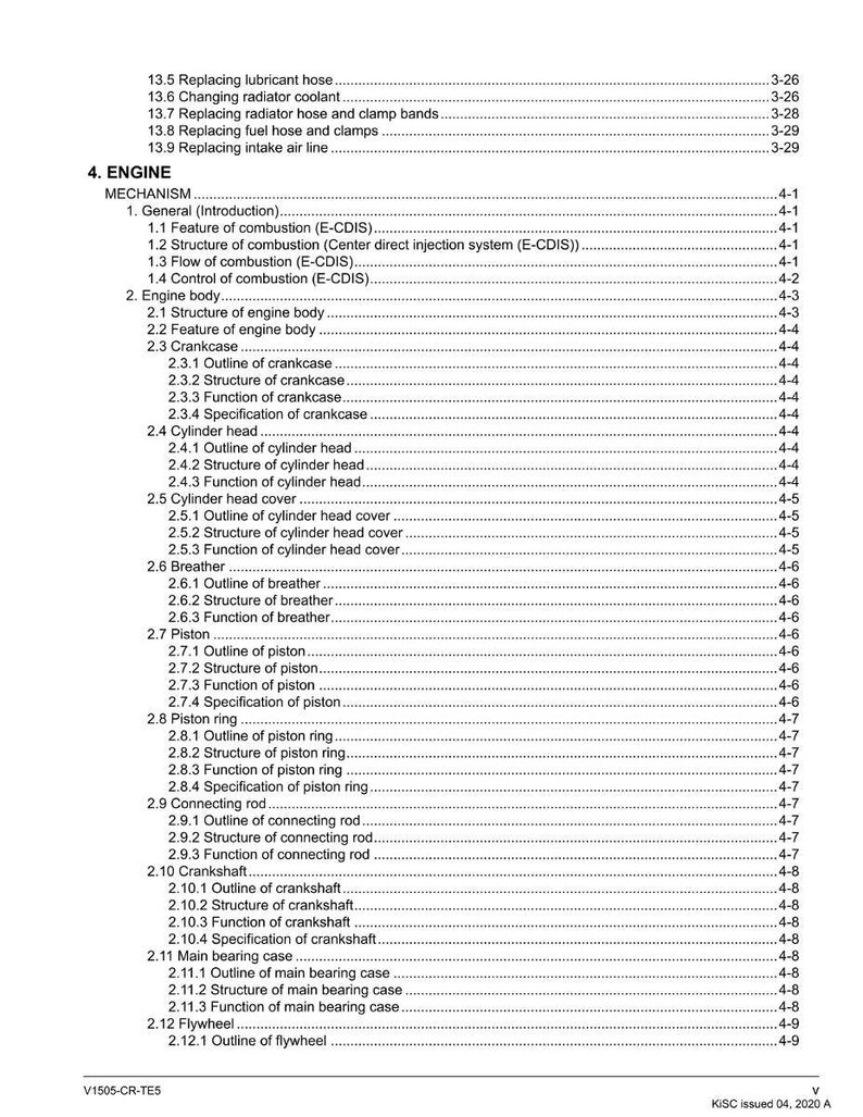 May include: A detailed table of contents from a technical manual, listing engine components and their functions. Sections include combustion, engine body, crankcase, cylinder head, and piston. The document is labeled V1505-CR-TE5.