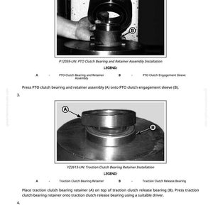 May include: Diagram of PTO clutch bearing and retainer assembly installation. Includes close-up images of the parts with labels A and B. Text includes instructions for assembly and part names. The image is in black and white.