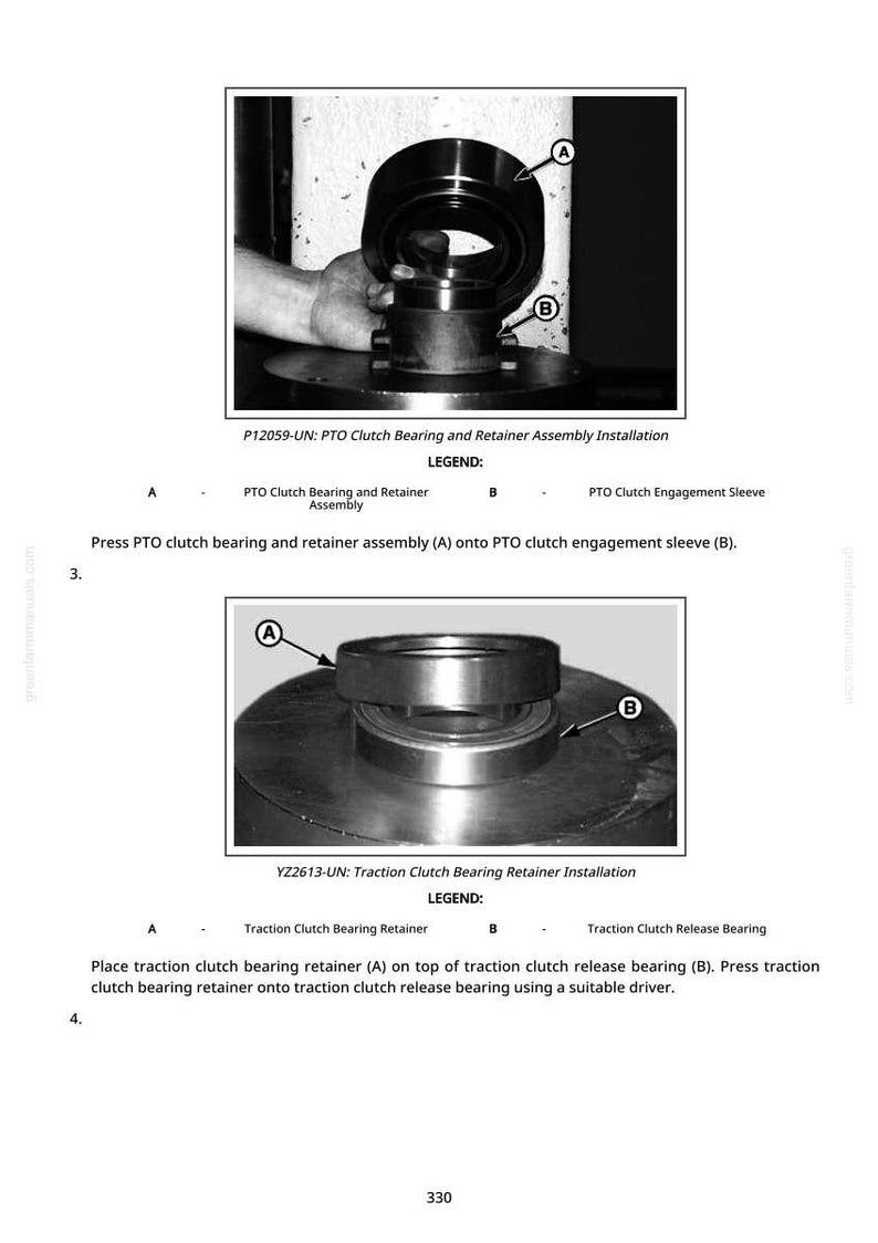 May include: Diagram of PTO clutch bearing and retainer assembly installation. Includes close-up images of the parts with labels A and B. Text includes instructions for assembly and part names. The image is in black and white.