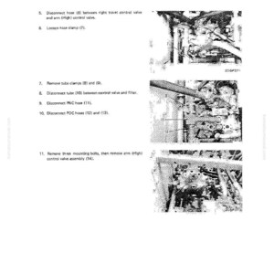 K&ouml;nnte beinhalten: Eine Seite aus einem Handbuch mit dem Titel "Demontage und Montage" mit Anweisungen f&uuml;r ein "Arm (High) Control Valve". Die Seite enth&auml;lt nummerierte Schritte und Diagramme von mechanischen Komponenten. Der Text enth&auml;lt "Schlauch trennen", "Schlauchschelle l&ouml;sen" und "Rohrschellen entfernen".