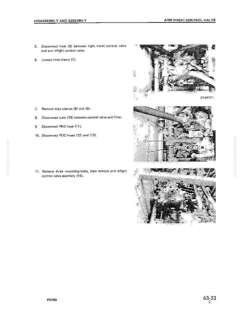 K&ouml;nnte beinhalten: Eine Seite aus einem Handbuch mit dem Titel "Demontage und Montage" mit Anweisungen f&uuml;r ein "Arm (High) Control Valve". Die Seite enth&auml;lt nummerierte Schritte und Diagramme von mechanischen Komponenten. Der Text enth&auml;lt "Schlauch trennen", "Schlauchschelle l&ouml;sen" und "Rohrschellen entfernen".