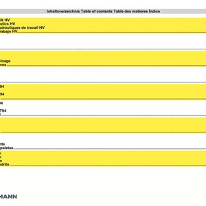 K&ouml;nnte beinhalten: Eine Seite aus einem Handbuch mit einem mehrsprachigen Inhaltsverzeichnis. Technische Begriffe wie 'Bremsanlage' und 'Vorderachse T94' werden in Deutsch, Englisch, Franz&ouml;sisch und Spanisch aufgef&uuml;hrt. Gelb markiert.