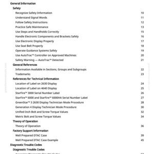 May include: A white document titled "Table of Contents" with a list of topics including "Safety", "General Information", and "Diagnostic Trouble Codes". The document is a manual with page numbers.