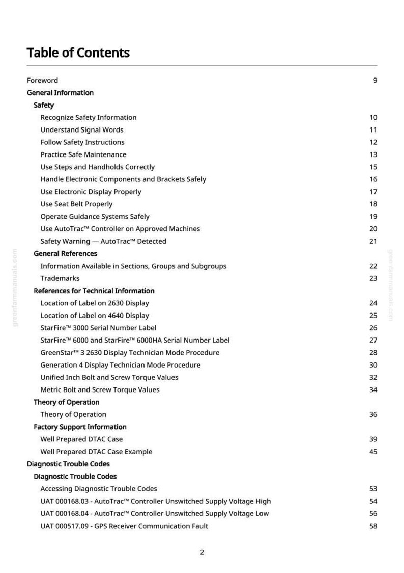 May include: A white document titled "Table of Contents" with a list of topics including "Safety", "General Information", and "Diagnostic Trouble Codes". The document is a manual with page numbers.