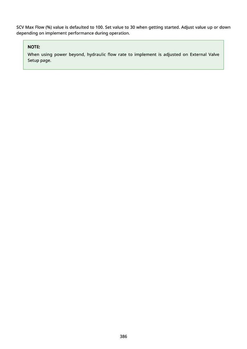 May include: A white page with black text detailing SCV Max Flow values and operational notes. The text includes instructions for setting values and adjusting based on performance. A green box highlights a note about hydraulic flow rate adjustments.