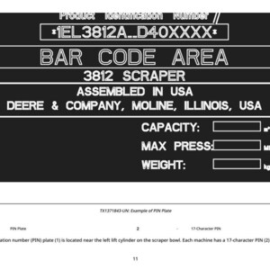 May include: Black and white product identification plate with text. The plate includes the text "BAR CODE AREA", "3812 SCRAPER", and "ASSEMBLED IN USA". It also lists "CAPACITY", "MAX PRESS", and "WEIGHT".