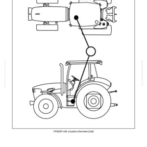 Pu&ograve; includere: Disegno a tratto nero e bianco di un trattore, con una vista dall'alto e un profilo laterale della cabina. L'immagine include il testo "PY36291-UN: Location Overview (Cab)" e il numero "1167".