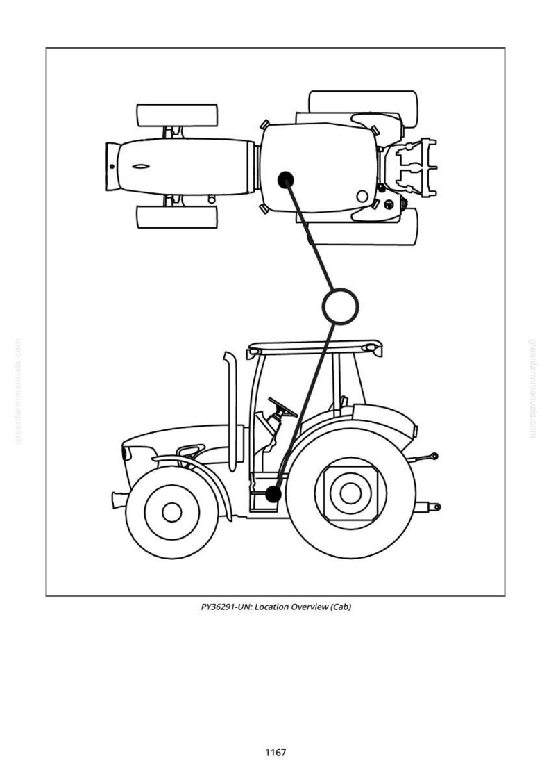 Pu&ograve; includere: Disegno a tratto nero e bianco di un trattore, con una vista dall'alto e un profilo laterale della cabina. L'immagine include il testo "PY36291-UN: Location Overview (Cab)" e il numero "1167".