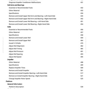 May include: A white page with a detailed table of contents, listing sections like "Diagnosing Malfunctions," "Roll Arms and Bearings," and "Impeller." Page numbers are listed on the right.