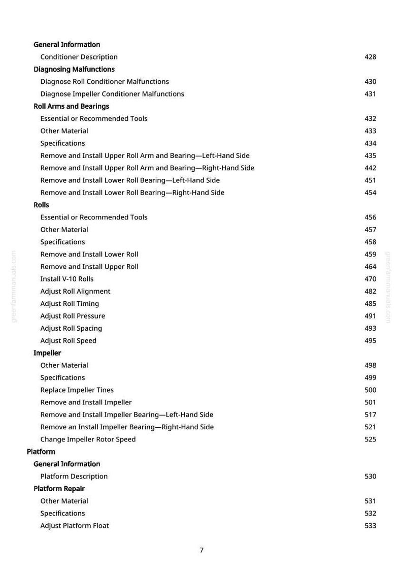 May include: A white page with a detailed table of contents, listing sections like "Diagnosing Malfunctions," "Roll Arms and Bearings," and "Impeller." Page numbers are listed on the right.