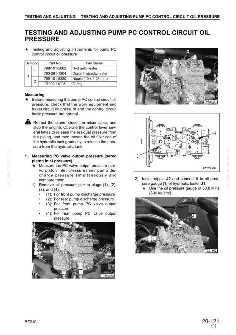 Pu&ograve; includere: Diagramma tecnico con istruzioni per testare e regolare la pressione dell'olio del circuito di controllo PC della pompa. Include schemi di componenti idraulici, numeri di parte e procedure di misurazione. Con testo e illustrazioni.