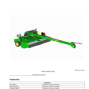 Op de afbeelding: Een groene en gele maaiconditioneerder C500, met een lange arm die naar rechts uitsteekt. De afbeelding bevat de tekst "Product View" en "General Information". De onderkant van de afbeelding toont een lijst met handelsmerken.