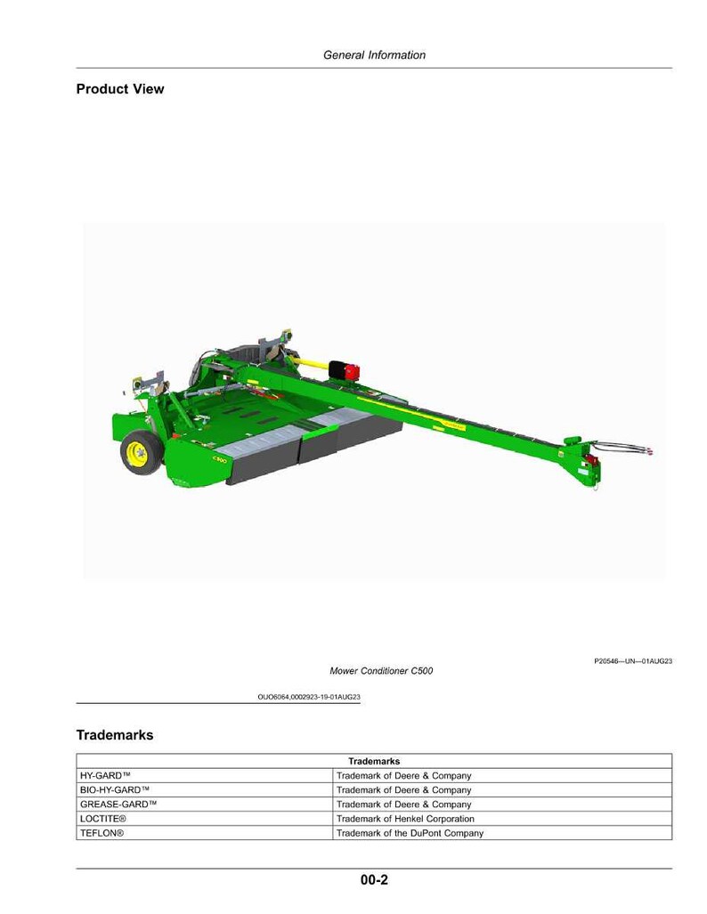 Op de afbeelding: Een groene en gele maaiconditioneerder C500, met een lange arm die naar rechts uitsteekt. De afbeelding bevat de tekst "Product View" en "General Information". De onderkant van de afbeelding toont een lijst met handelsmerken.