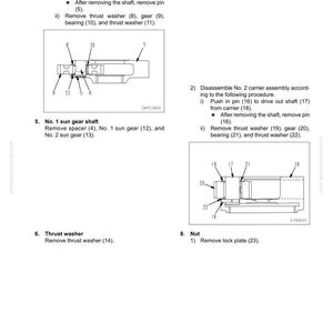 Puede incluir: Diagrama de instrucciones de desmontaje y montaje para un componente de transmisi&oacute;n final. La imagen incluye ilustraciones detalladas de piezas como conjuntos de soporte, ejes de engranajes solares, arandelas de empuje y tuercas, con leyendas numeradas.