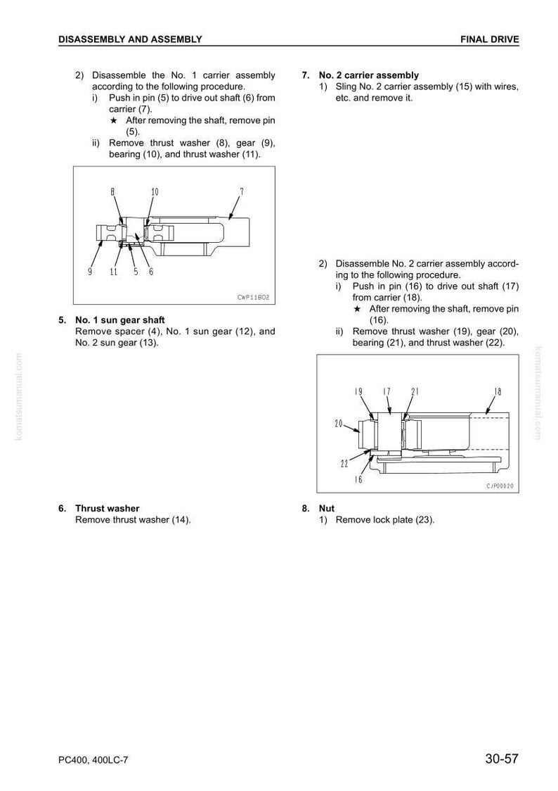 Puede incluir: Diagrama de instrucciones de desmontaje y montaje para un componente de transmisi&oacute;n final. La imagen incluye ilustraciones detalladas de piezas como conjuntos de soporte, ejes de engranajes solares, arandelas de empuje y tuercas, con leyendas numeradas.
