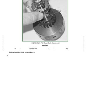 May include: Image of a PTO clutch shaft disassembly. The image shows a hand holding a gear, with other gears and components visible. Text on the image reads "LVAL17243-UN: PTO Clutch Shaft Disassembly".