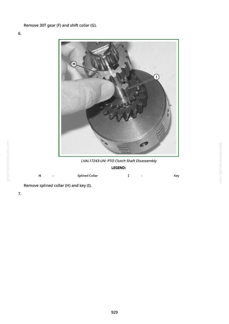 May include: Image of a PTO clutch shaft disassembly. The image shows a hand holding a gear, with other gears and components visible. Text on the image reads "LVAL17243-UN: PTO Clutch Shaft Disassembly".