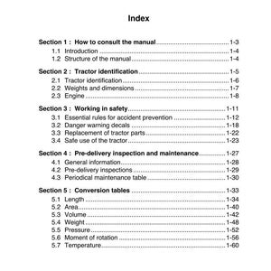 May include: A white and black document page with the title "Chapter 1: Introduction" and an index. The index lists sections on tractor identification, safety, and maintenance, with page numbers.
