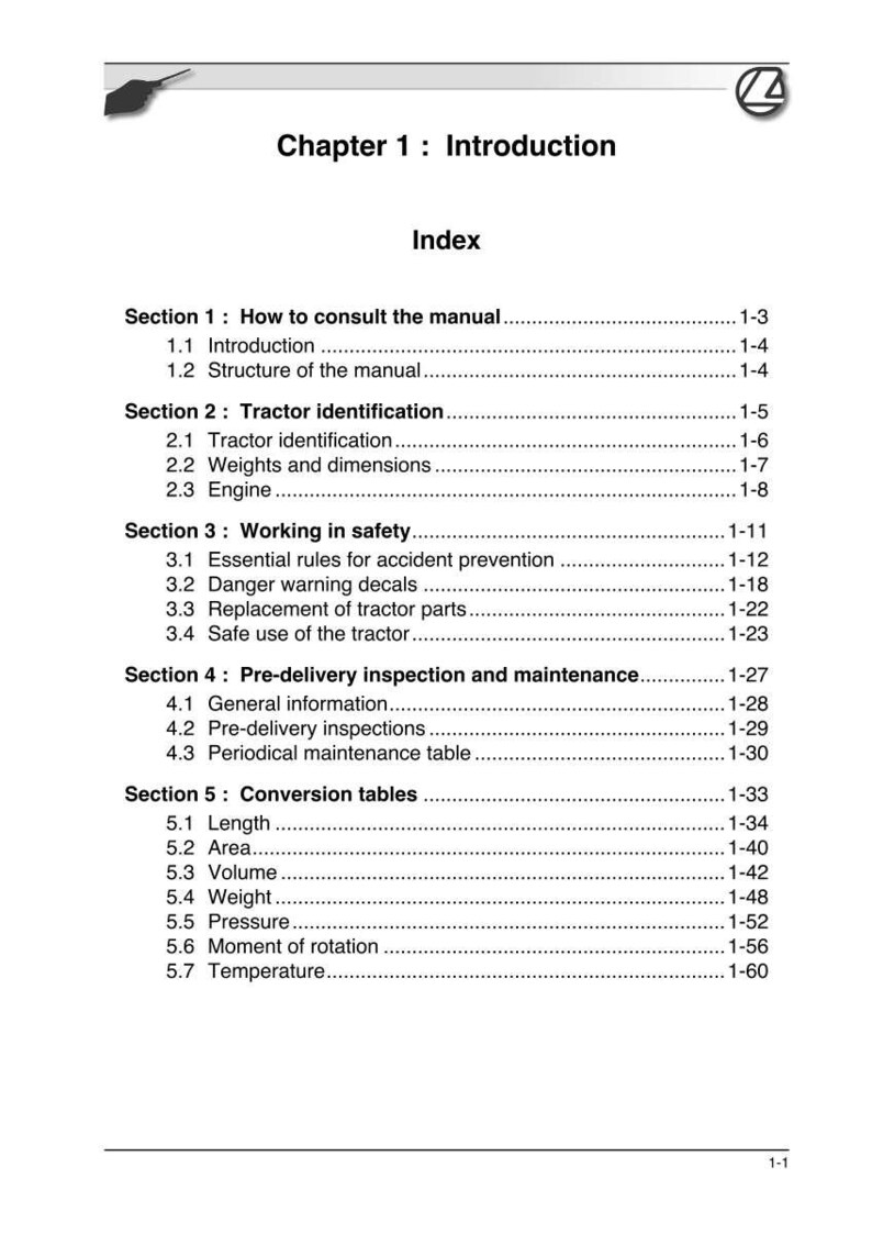 May include: A white and black document page with the title "Chapter 1: Introduction" and an index. The index lists sections on tractor identification, safety, and maintenance, with page numbers.