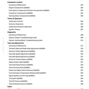 Pu&ograve; includere: Una pagina di manuale con un sommario dettagliato. Le sezioni includono specifiche di riparazione, posizioni dei componenti e procedure diagnostiche. I numeri di pagina sono elencati a destra.