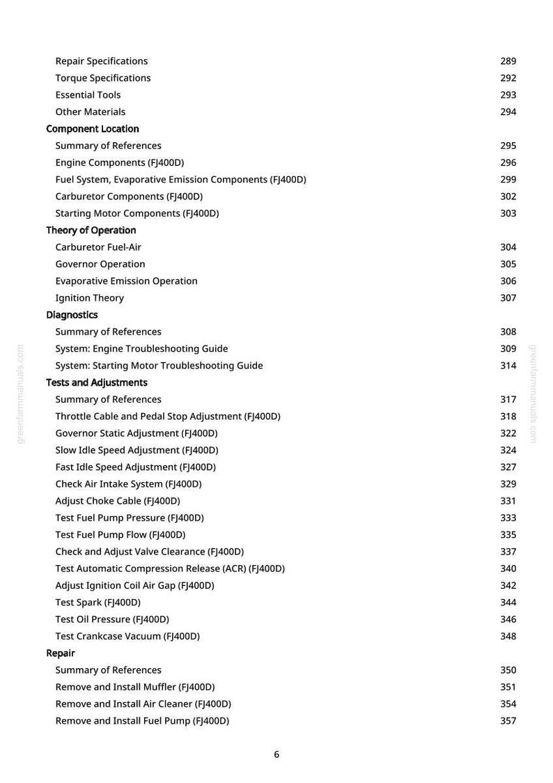 Pu&ograve; includere: Una pagina di manuale con un sommario dettagliato. Le sezioni includono specifiche di riparazione, posizioni dei componenti e procedure diagnostiche. I numeri di pagina sono elencati a destra.