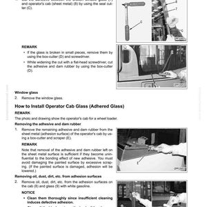 May include: Diagrams and photos illustrating the removal and installation of operator cab glass, including cutting adhesive, removing window glass, and cleaning surfaces. Includes tools like a box-cutter and scraper.