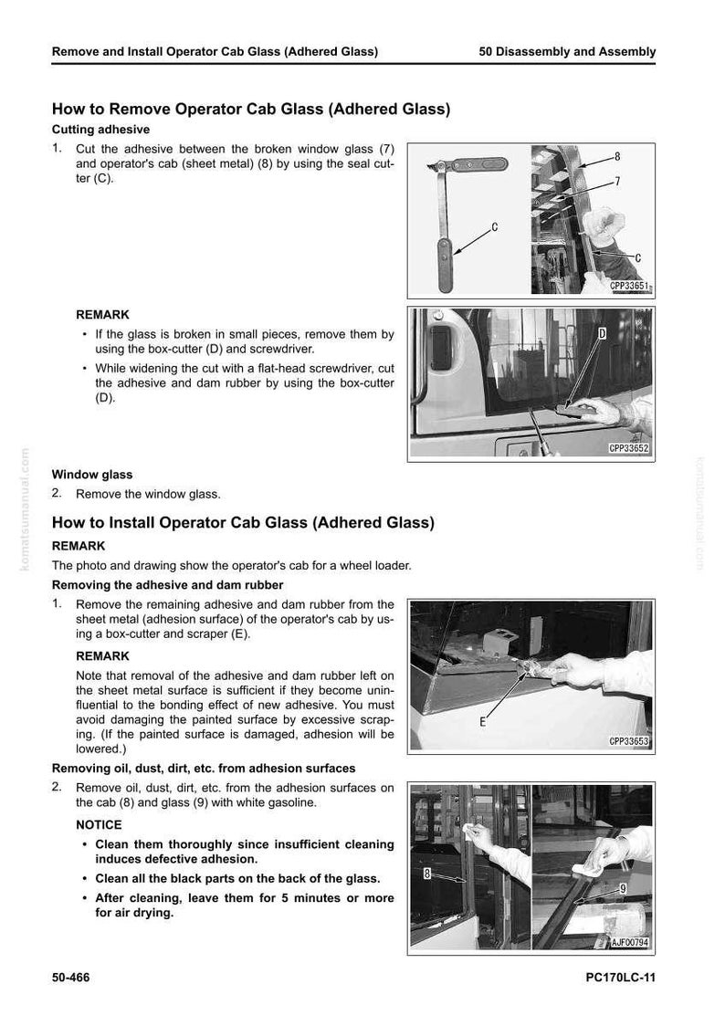 May include: Diagrams and photos illustrating the removal and installation of operator cab glass, including cutting adhesive, removing window glass, and cleaning surfaces. Includes tools like a box-cutter and scraper.