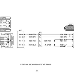 May include: A detailed circuit schematic for the Right Pedal Sensor (B12), labeled TX1216771-UN. The diagram includes connectors X45, X46, and B12, with various wire connections and labels such as H044 GRN, P049 RED, and M006 VLT.