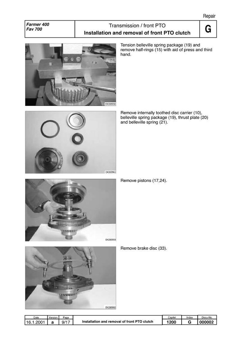 May include: Technical diagram illustrating the installation and removal of a front PTO clutch. The image shows various components and steps, including removing the brake disc and pistons. Text includes "Farmer 400 Fav 700" and "Installation and removal of front PTO clutch."