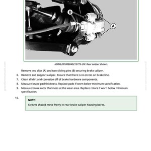 Op de afbeelding: Diagram van een achterste remklauw met labels A en B, en tekstinstructies. De afbeelding toont de remklauwconstructie met componenten zoals clips, pennen en remleidingen. Tekst bevat instructies voor onderhoud en inspectie.