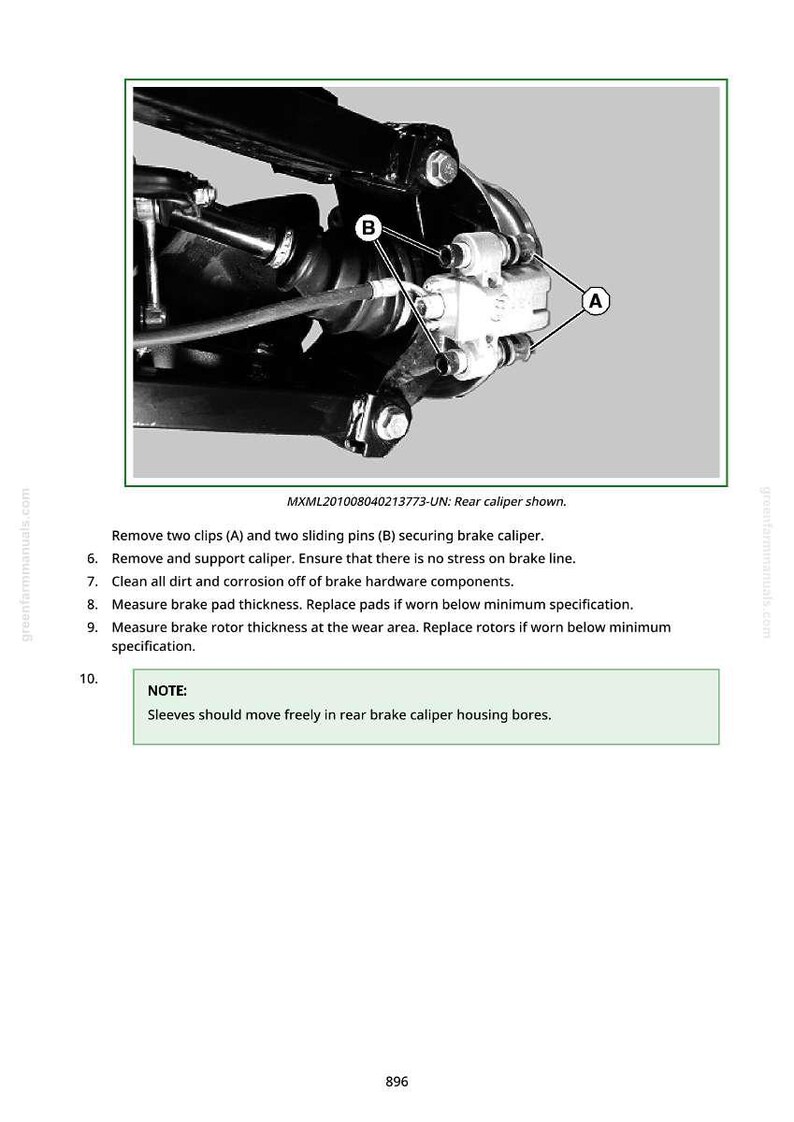 Op de afbeelding: Diagram van een achterste remklauw met labels A en B, en tekstinstructies. De afbeelding toont de remklauwconstructie met componenten zoals clips, pennen en remleidingen. Tekst bevat instructies voor onderhoud en inspectie.