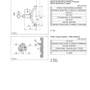 May include: Technical diagram of an EA400 series component, featuring detailed dimensional specifications in inches and millimeters. The diagram includes views of a pulley shaft, spring washer, and key, with callouts for various features and measurements.