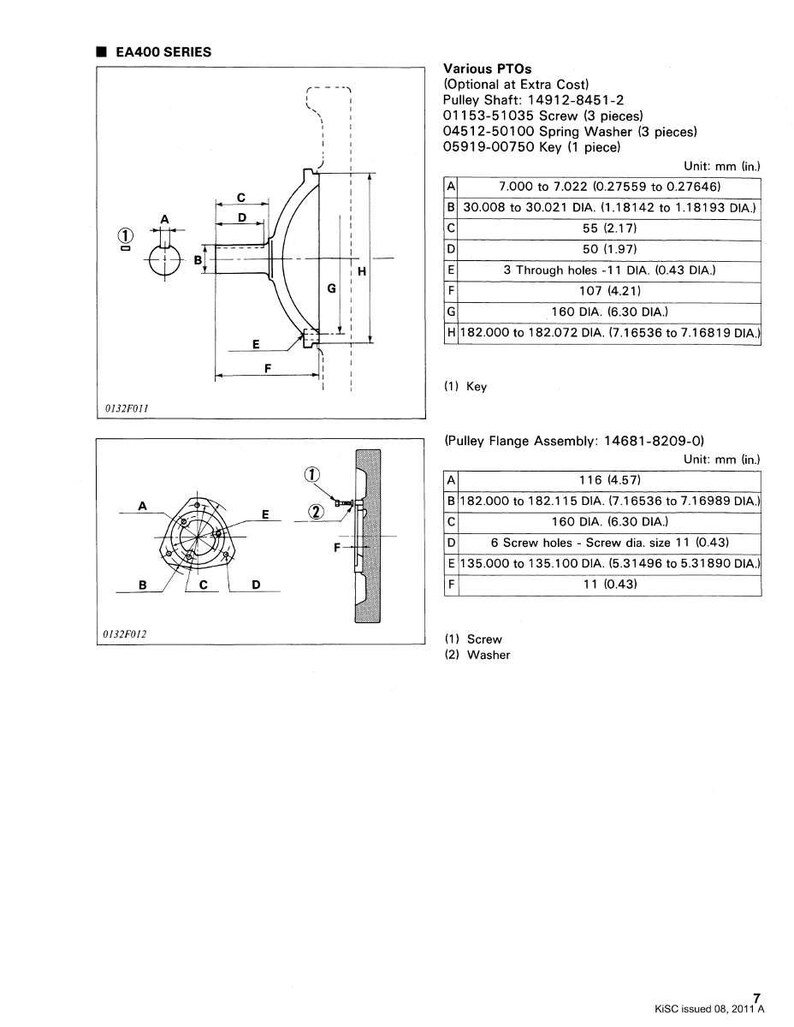 May include: Technical diagram of an EA400 series component, featuring detailed dimensional specifications in inches and millimeters. The diagram includes views of a pulley shaft, spring washer, and key, with callouts for various features and measurements.