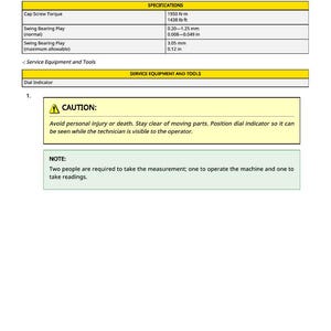 Peut inclure: Document technique &laquo;&nbsp;Mesurer l'usure du palier oscillant&nbsp;&raquo; avec sp&eacute;cifications de couple de vis de chapeau et jeu du palier oscillant en mm et N-m. Inclut une mise en garde et une note sur le personnel requis.