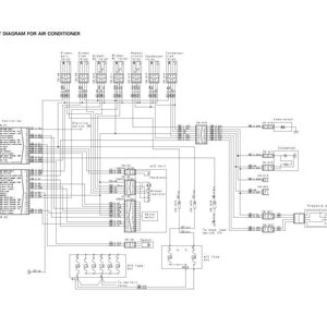 May include: Electrical circuit diagram for an air conditioner. The diagram is a detailed schematic with various components labeled, including relays, switches, and the A/C controller. The text is in English and the diagram is on a white background.