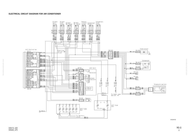 May include: Electrical circuit diagram for an air conditioner. The diagram is a detailed schematic with various components labeled, including relays, switches, and the A/C controller. The text is in English and the diagram is on a white background.