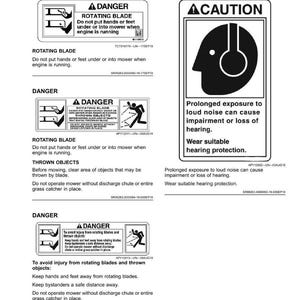 May include: A page of safety labels with warnings about lawnmower use. The labels include "Danger" and "Caution" notices with illustrations and text. Warnings cover rotating blades, thrown objects, and hearing protection.
