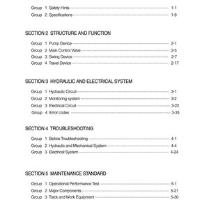 May include: A white document featuring a table of contents. Sections include General, Structure and Function, Hydraulic and Electrical System, Troubleshooting, and Maintenance Standard. Each section lists groups and corresponding page numbers.