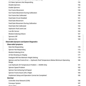 Pode incluir: Uma p&aacute;gina branca com uma lista de termos t&eacute;cnicos e informa&ccedil;&otilde;es de diagn&oacute;stico, incluindo "Fan Frame", "Spinners" e "Hydraulic Fluid Level". O documento parece ser um manual ou guia.