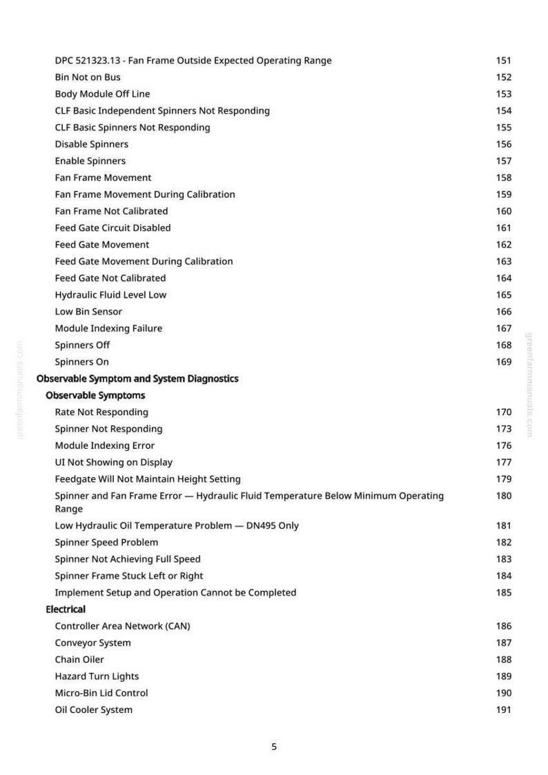 Pode incluir: Uma p&aacute;gina branca com uma lista de termos t&eacute;cnicos e informa&ccedil;&otilde;es de diagn&oacute;stico, incluindo "Fan Frame", "Spinners" e "Hydraulic Fluid Level". O documento parece ser um manual ou guia.