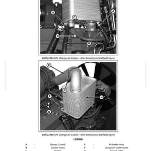 May include: Diagram of a non-emissions certified engine's charge air cooler. The image shows the cooler, hoses, clamps, and other components. Text labels identify parts like the air intake hose and ground cable. The image is from a manual.