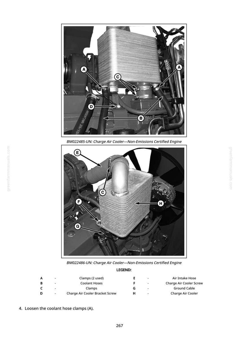 May include: Diagram of a non-emissions certified engine's charge air cooler. The image shows the cooler, hoses, clamps, and other components. Text labels identify parts like the air intake hose and ground cable. The image is from a manual.
