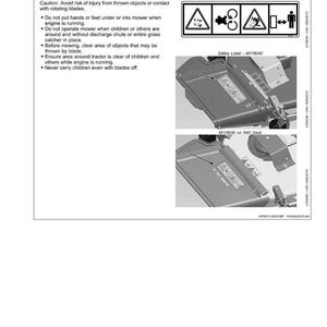 May include: A page from a manual with the title "Safety Labels." It includes safety warnings and diagrams related to lawn mower operation. The page also shows detailed illustrations of mower components.