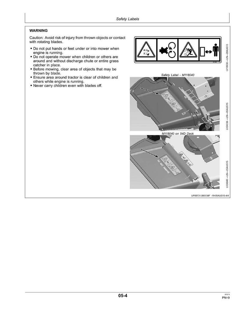 May include: A page from a manual with the title "Safety Labels." It includes safety warnings and diagrams related to lawn mower operation. The page also shows detailed illustrations of mower components.