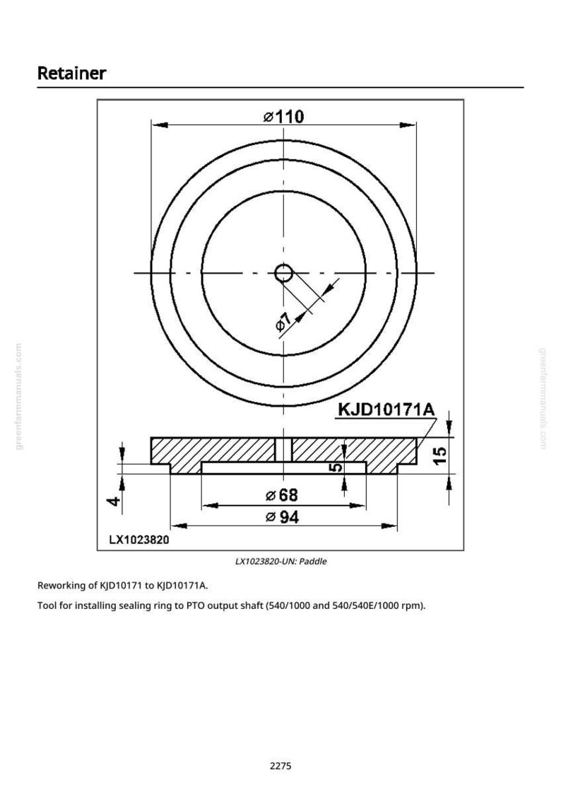 May include: Technical diagram of a retainer, with measurements in millimetres. The diagram shows a circular component with a central hole and a cross-section view. The text "Retainer" and part numbers are included.