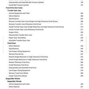 May include: A page from a manual with a table of contents. The text includes "Charge Accumulator," "Belt Tension Cylinder," "Track Drive Gear Cases," and "Final Drives." Page numbers are listed on the right.