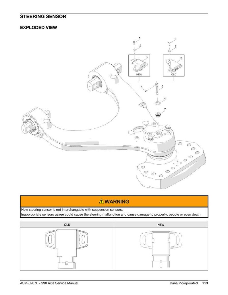 May include: An exploded view diagram of a steering sensor assembly. The diagram includes labels for "NEW" and "OLD" sensor components, along with a warning about sensor interchangeability. The text "STEERING SENSOR" and "EXPLODED VIEW" are at the top.